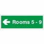 Rooms 5-9 arrow left green wayfinding indicator sign