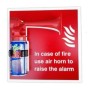 Handheld air horn sign instructing users to raise the alarm in case of fire