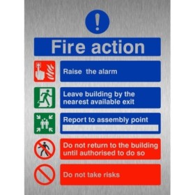 Brushed Aluminum Raise The Alarm fire action safety sign with emergency evacuation instructions