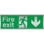 Fire exit arrow down brushed aluminium safety sign with running man symbol