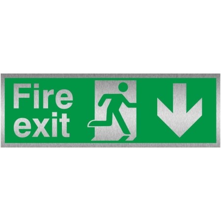 Fire Exit Arrow Down Brushed Aluminium Sign with emergency exit symbol