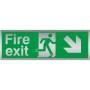 Fire exit sign with down right arrow and running man symbol in brushed aluminium finish