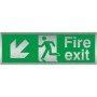 Fire exit sign with down left arrow and brushed aluminium finish