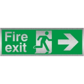 Fire Exit Arrow Right Brushed Aluminium Sign with emergency exit symbol