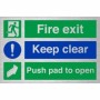 Fire exit keep clear push pad to open brushed aluminium safety sign