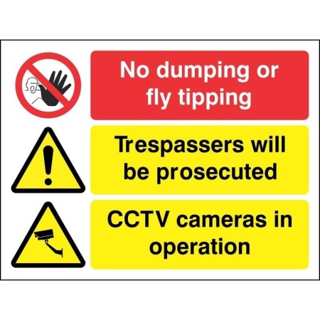 No Dumping Or Fly Tipping 3-Point Prosecution Sign with CCTV warning