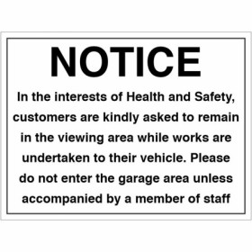 Health and Safety Notice sign instructing customers to remain in the viewing area
