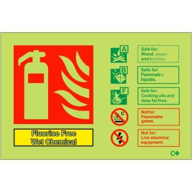 Glow in the dark fluorine free wet chemical fire extinguisher safety sign