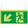 Double sided glow in the dark fire exit arrow down left hanging sign
