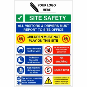 All Visitors And Drivers Must Report To Site Office Multi Message Safety Board