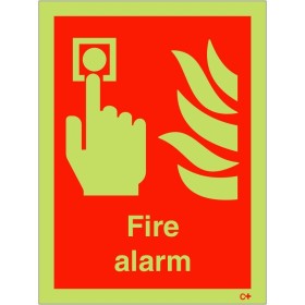 Glow in the dark fire alarm safety sign with photoluminescent emergency symbol