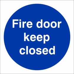 Fire Door Keep Closed mandatory door sign with white text on a blue circular background