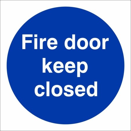 Fire Door Keep Closed mandatory door sign with white text on a blue circular background