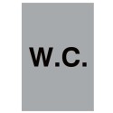 WC toilet sign with bold black lettering on aluminium background