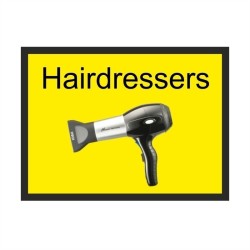 Hairdressers dementia door sign with hairdryer image and high-contrast text