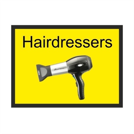 Hairdressers dementia door sign with hairdryer image and high-contrast text