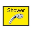 Shower dementia door sign with shower head image and high-contrast text