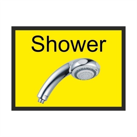 Shower dementia door sign with shower head image and high-contrast text
