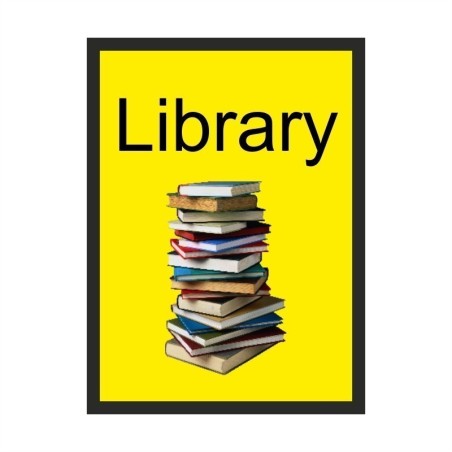Library dementia door sign with realistic books image and high-contrast text