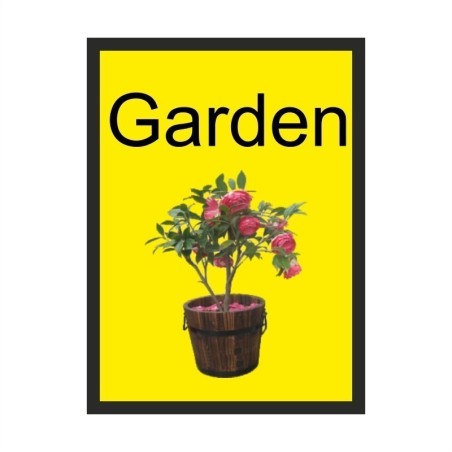 Garden dementia door sign with realistic flowering plant image and high-contrast text