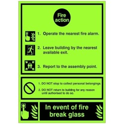 Glow In The Dark 3 Point Fire Action Notice Sign (In Event Of Fire Break Glass)