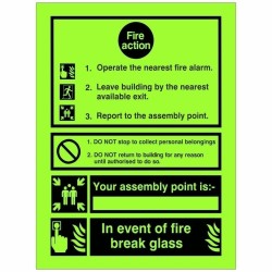 3 Point Glow In The Dark Fire Action Notice Sign - In The Event Of Fire Break Glass