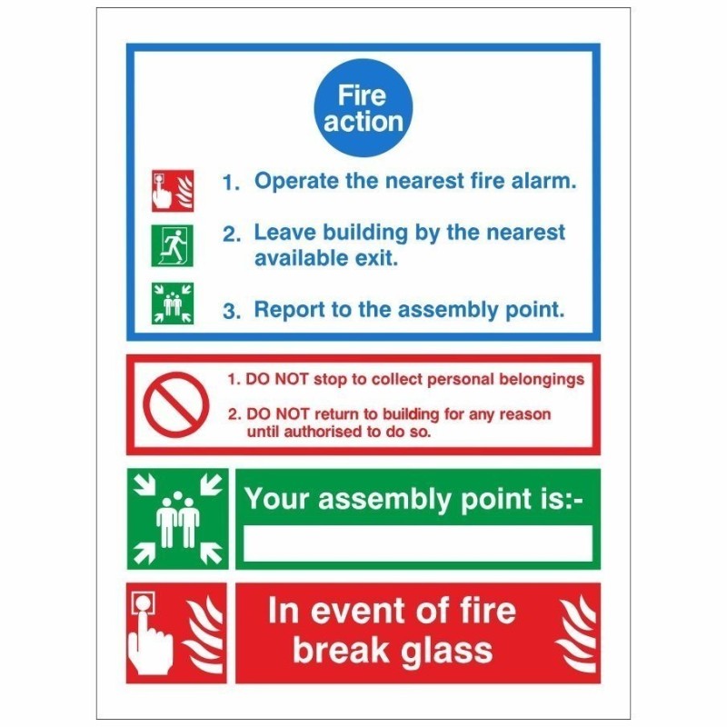 3 Point Fire Action Notice Sign - In Event Of Fire Break Glass (Writable)