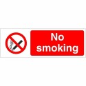 No Smoking door sign with prohibition symbol and bold white text on a red background