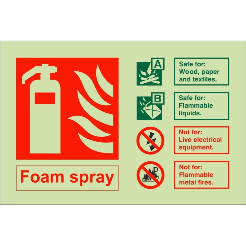 Glow In The Dark Foam Spray Fire Extinguisher Identification Sign 150mm x 100mm