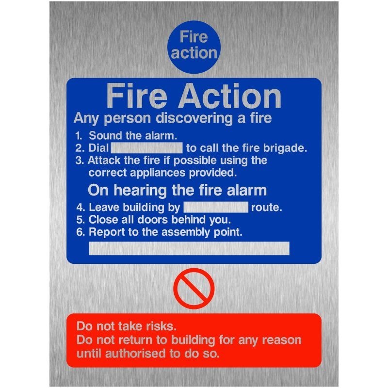 6 Point Fire Action Brushed Aluminium Notice Sign