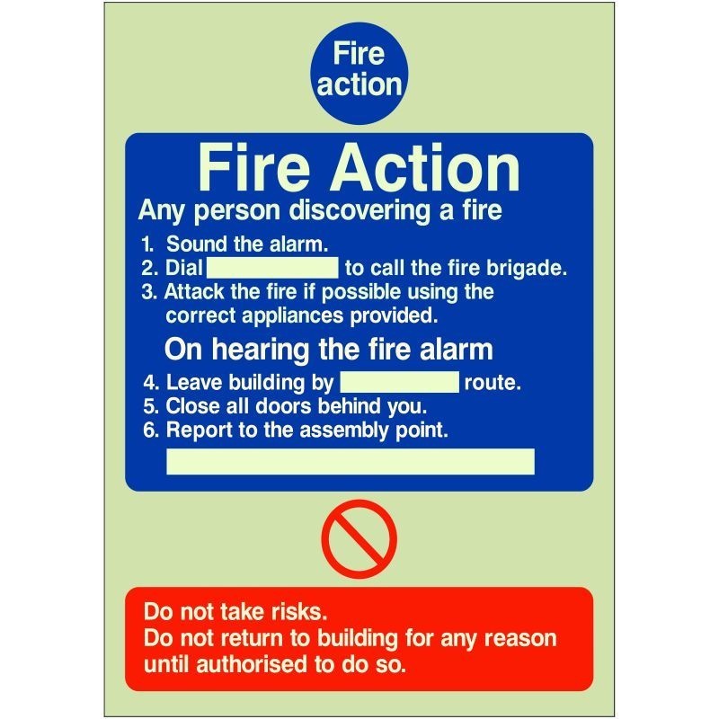 Glow In The Dark 6 Point Fire Action Notice Sign - Any Person Discovering a Fire