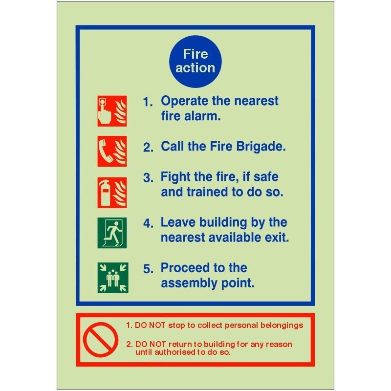 Glow In The Dark 5 Point Fire Action Notice Sign