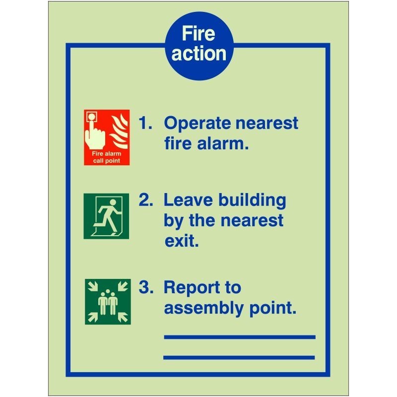 Glow In The Dark 3 Point Fire Action Notice Sign - With Lines To Write Assembly Point Location