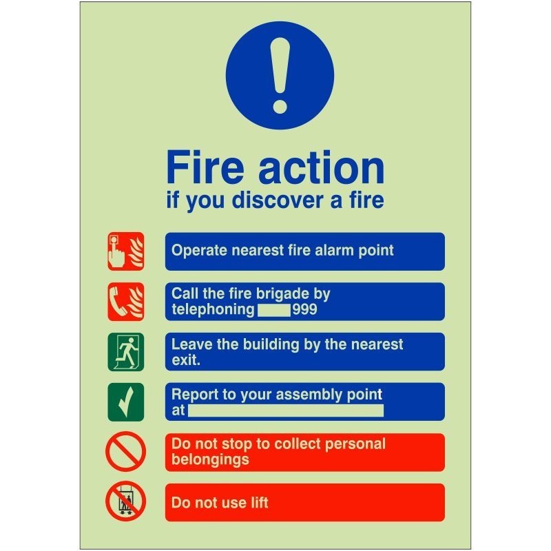 Glow In The Dark Fire Action Notice Sign - If You Discover A Fire