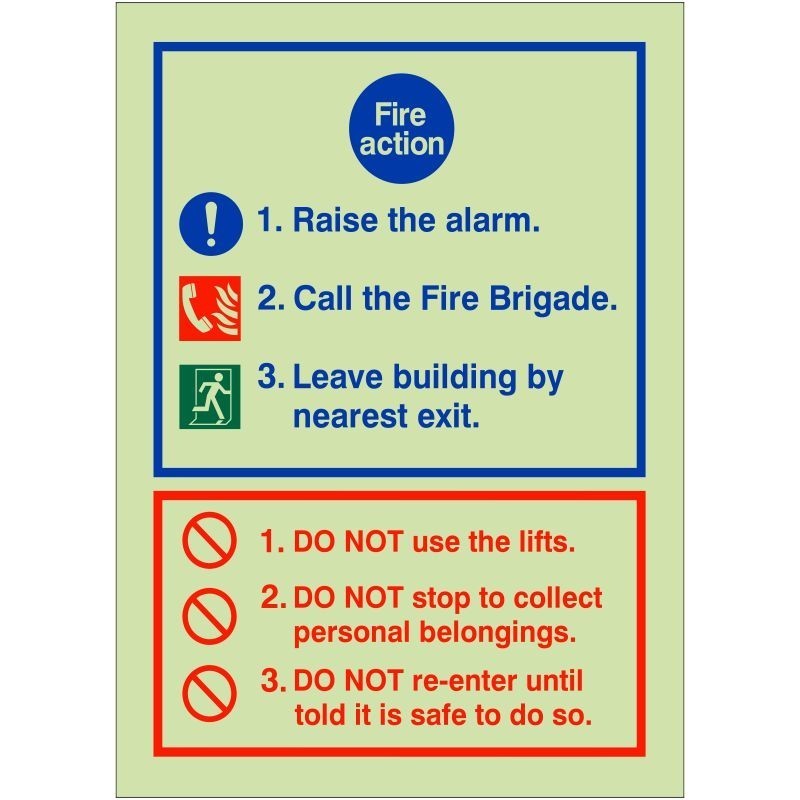 Glow In The Dark 3 Point Fire Action Notice Sign - Raise The Alarm