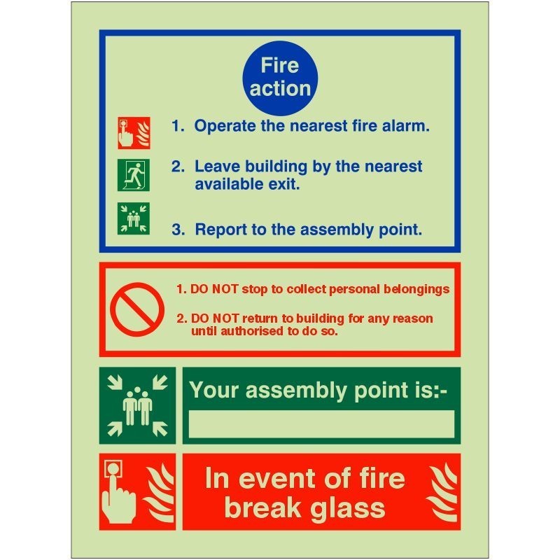 Glow In The Dark 3 Point Fire Action Notice Sign (In Event Of Fire Break Glass)