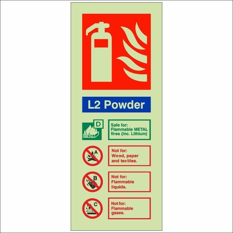 L2 Powder Fire Extinguisher ID Glow In The Dark Sign 80x200mm Portrait