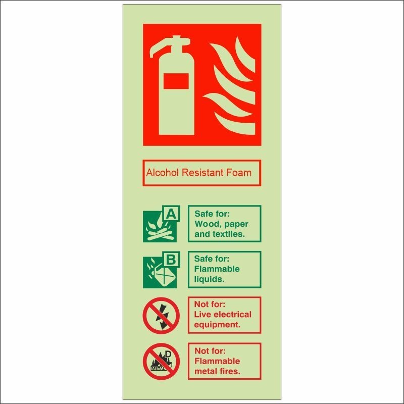 Glow In The Dark Alcohol Resistant Foam Fire Extinguisher ID Sign