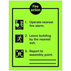 Glow In The Dark 3 Point Fire Action Notice Sign With Lines To Write Assembly Point Location - Class C