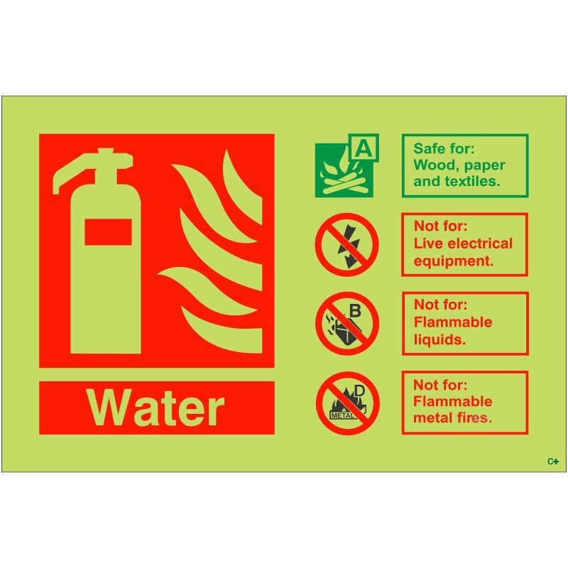 Glow In The Dark Water Fire Extinguisher Sign - Class C