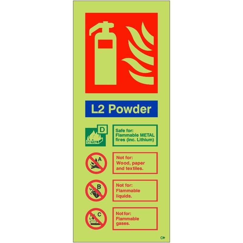 copy of L2 Powder Fire Extinguisher ID Glow In The Dark Sign 80x200mm Portrait