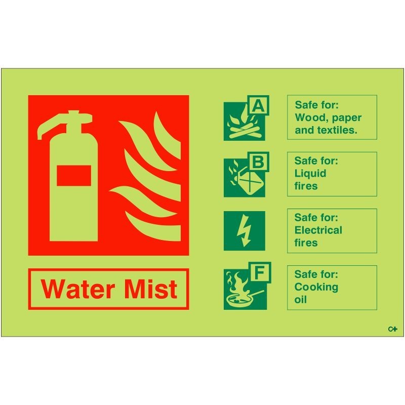 Glow in the Dark Water Mist Fire Extinguisher Sign - Class C