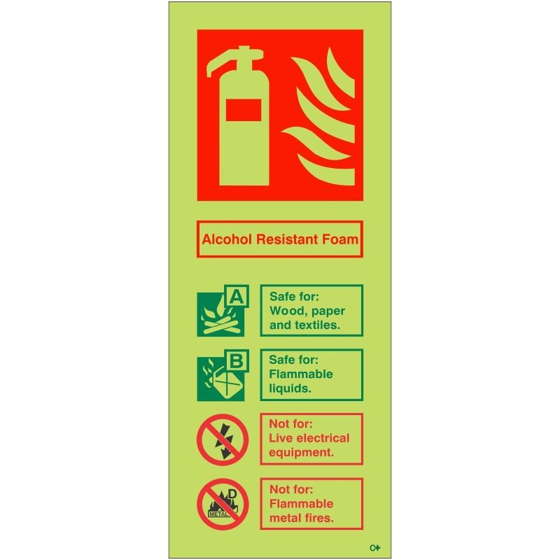 Glow In The Dark Alcohol Resistant Foam Fire Extinguisher ID Sign - Class C