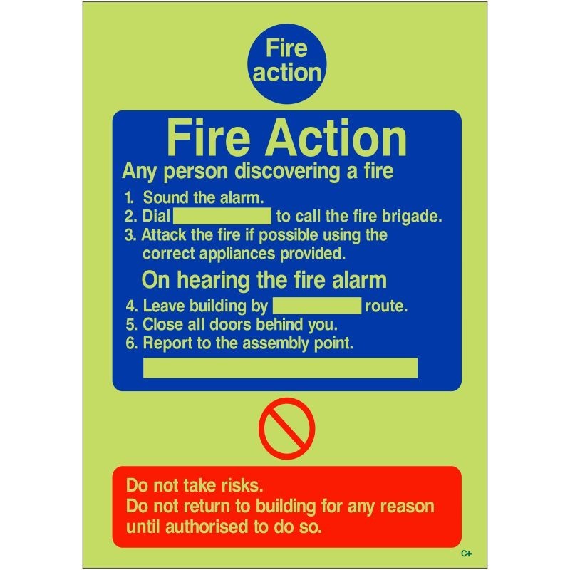 Glow In The Dark 6 Point Fire Action Notice Sign - Any Person Discovering a Fire - Class C