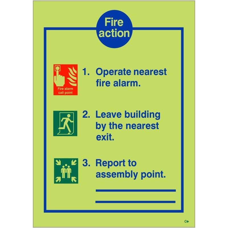 Glow In The Dark 3 Point Fire Action Notice Sign With Lines To Write Assembly Point Location - Class C