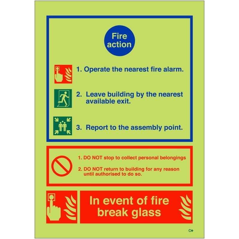 Glow In The Dark 3 Point Fire Action Notice Sign (In Event Of Fire Break Glass) - Class C