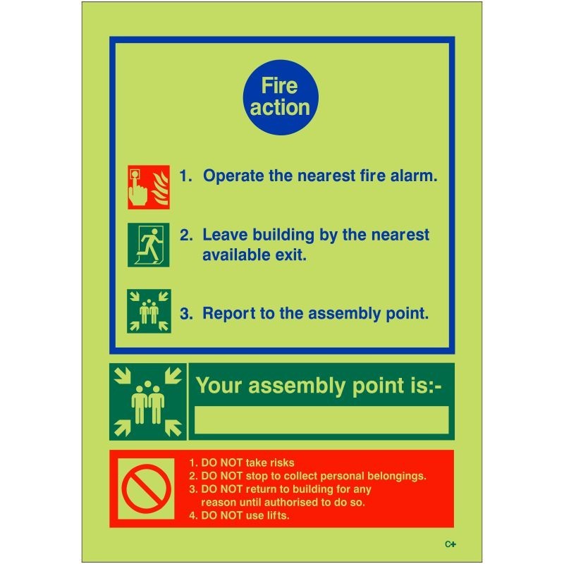 3 Point Glow In The Dark Fire Action Sign - Your Assembly Point Is - Class C