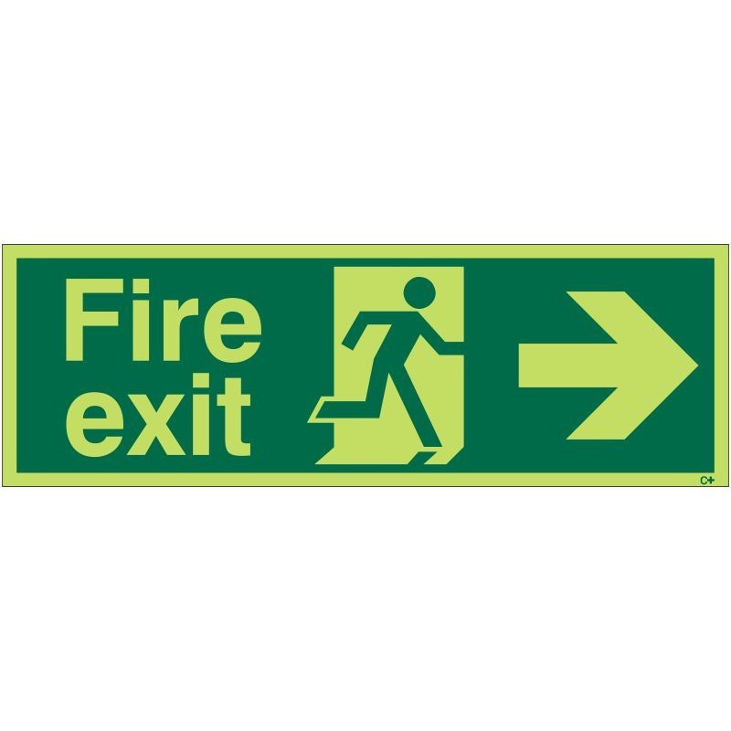 Extra Large Glow in the Dark Fire Exit Right Sign 900mm x 300mm - Rigid Plastic - Class C