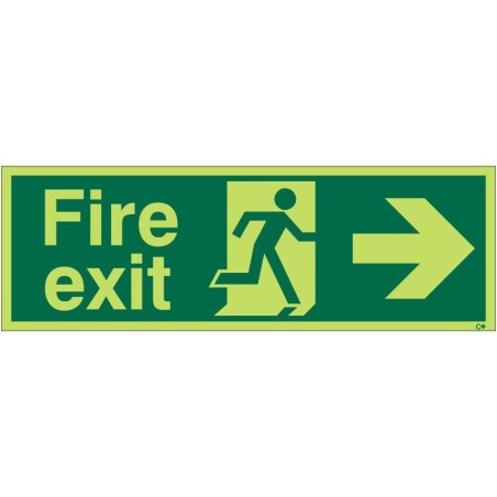 Extra Large Glow in the Dark Fire Exit Right Sign 900mm x 300mm - Rigid Plastic - Class C