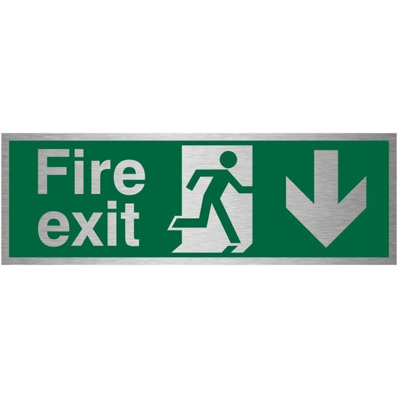 Fire Exit Arrow Down Brushed Aluminium Sign